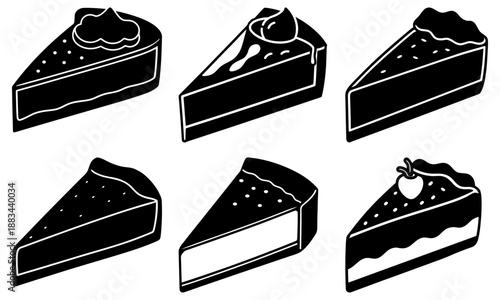 Six slices of cake with different toppings on white background dessert black and white