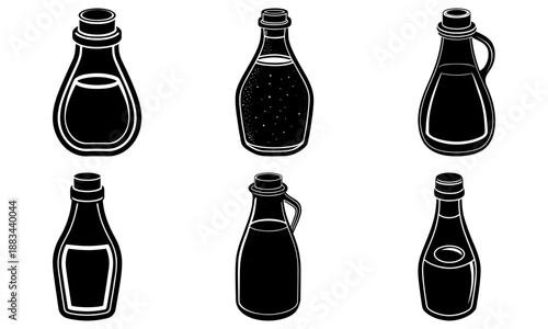 Six Different Bottle Shapes with Black Liquid and White Background silhouette