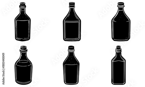 Five black liquor bottles with caps on white background alcohol silhouette