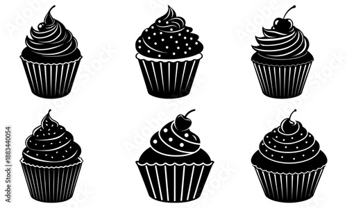 Six black and white cupcakes with different frosting and cherries on a white background cherry
