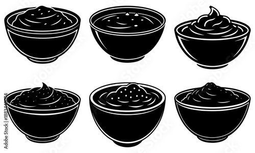 Six Bowls of Chocolate Mousse on White Background dessert food
