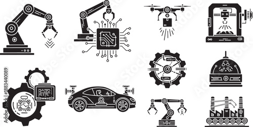 Black and white sketched of industrial robots, drones, and technology components