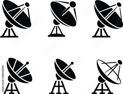Set of satellite dish antenna icons in black silhouette style, modern communication technology symbols collection isolated on white background for broadcasting, telecommunications, 