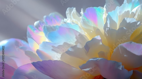 A closeup of a white peony bathed in prism light, rainbow colors softly blending across silky petals. Ethereal shadows and pastel tones create a dreamy, delicate macro floral scene.