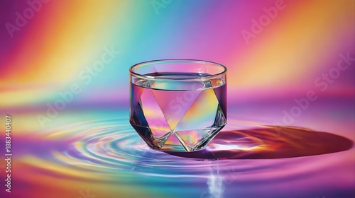 A prism partially submerged in a water bowl casts refracted rainbow rays over fluid ripples. Vivid gradients and soft elongated shadows create a bold, colorful composition.