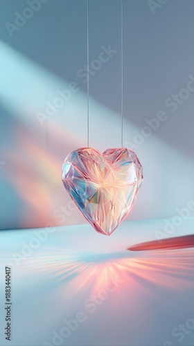Suspended crystal heart glows with a neon pink light, casting vivid refractions and colorful shadows. A futuristic and glamorous Valentine-inspired art piece.