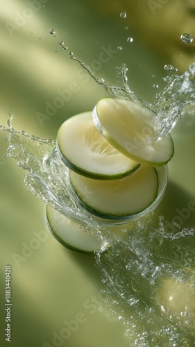 Sliced cucumber is captured mid-splash, radiating freshness and hydration. Vivid pale green tones and crisp water droplets evoke a vibrant wellness aesthetic.