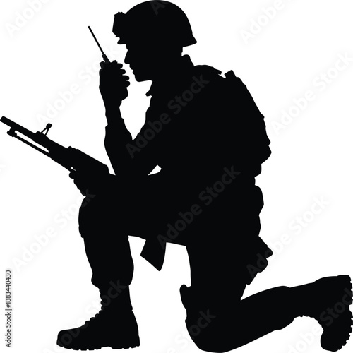 Silhouette of kneeling modern soldier using radio communication while holding rifle, tactical military operation concept isolated on white background for security, defense, army themes
