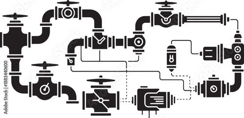 Black and white sketched of interconnected industrial pipes and valves