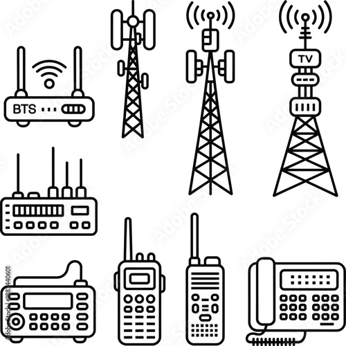 Telecommunication network equipment line icons set featuring BTS towers, radio transmitters, wireless routers, antennas, walkie talkies, and communication technology infrastructure illustration