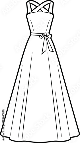 Black and white line drawing of an elegant sleeveless maxi dress with a criss-cross neckline and a bow belt