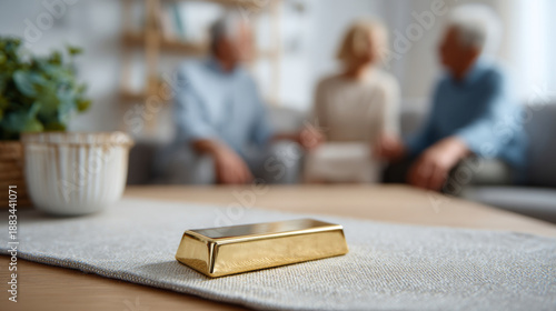 Gold bar on table in foreground with elderly couple sitting and talking in blurred background in cozy living room setting