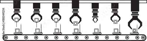 Black and white sketched of robotic arms picking up square on a conveyor belt square black and white