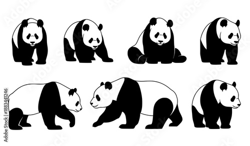 Panda silhouette vector set with minimal black wildlife animal shapes isolated on white background