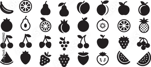 Collection of various fruit silhouettes on a white background. Fruit Line Icons Set. Organic Fruit Vector Outline Symbols.