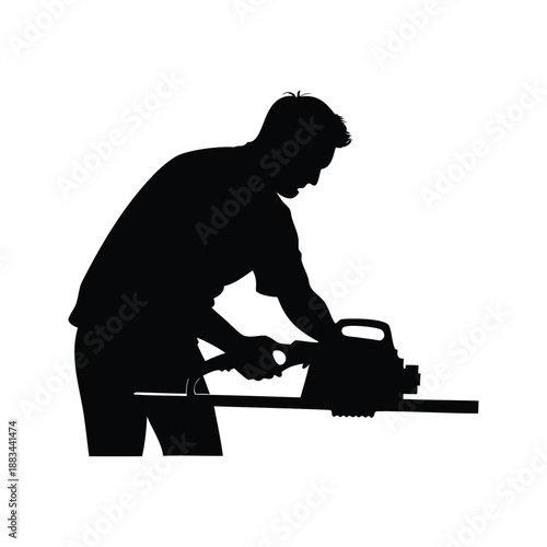 Man using a chainsaw silhouette vector illustration,Black and white silhouette of a man operating a chainsaw, vector illustration