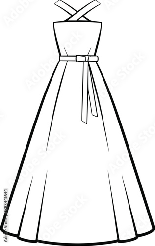 Black and white vector illustration of a formal sleeveless gown with a criss-cross halter neckline and a bow belt