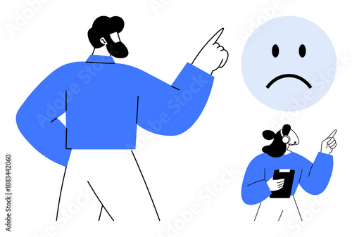 Conflict resolution. Figures react to a sad face and uncertain communication, emphasizing conflict resolution in relationships and teamwork. Useful for communication, leadership, emotions, teamwork