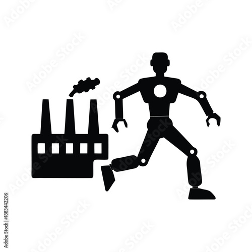 Industrial robot silhouette vector illustration,A black and white vector illustration of an industrial robot running next to a factory
