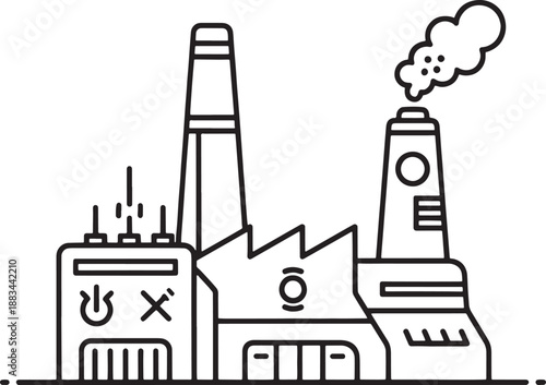 Sketched of Industrial Factory with Pollution Emissions and Smokestacks sketched industrial factory