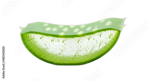 Close-up view of a freshly sliced piece of vibrant green aloe vera leaf showing moist gel interior on transparent background
