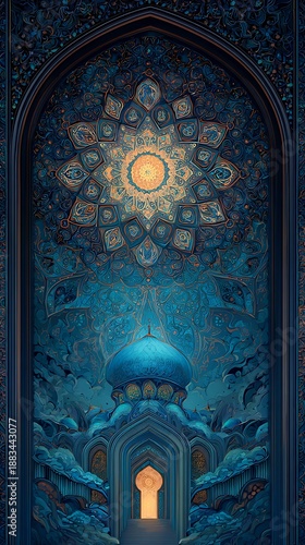 Intricate Islamic architecture with blue dome and ornate mandala design