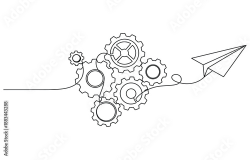 Gears wheels and paper plane in one continuous line drawing.