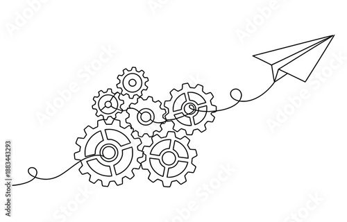 Gears wheels and paper plane in one continuous line drawing.