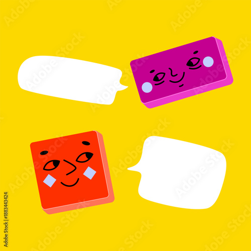 Two anthropomorphic characters in form of geometric shapes:  square and rectangle, with friendly faces on rich yellow background and dialog boxes. Vector illustration of social media messages.