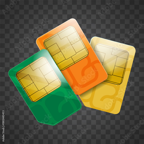 Three colorful SIM cards, green, orange, and yellow, with visible metallic chips, on a transparent background, representing mobile communication technology.