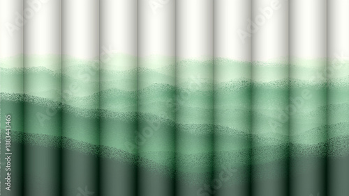 An abstract green design featuring glass bottles and test tubes interlaced with a colorful textile pattern of cotton thread spools and striped fabric lines for a vibrant art backdrop