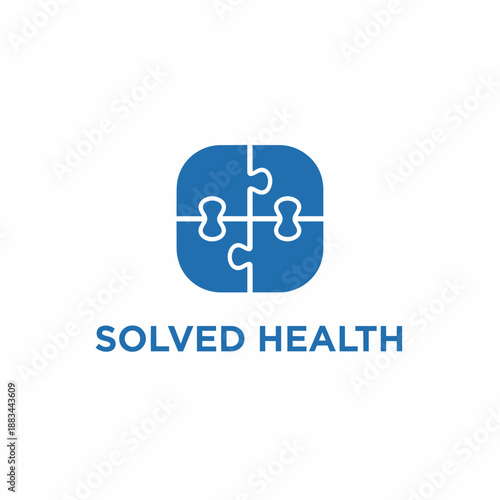 Four interconnected puzzle pieces with medical cross icon for healthcare solutions or clinic branding identity named SOLVED HEALTH.