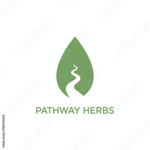 A natural green leaf with a winding path icon for herbal medicine or wellness brand identity business named PATHWAY HERBS.