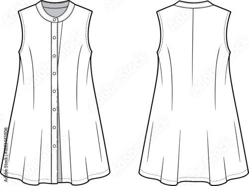Front and Back Fashion Flat Sketch of a Sleeveless Button-Up Dress vector illustration