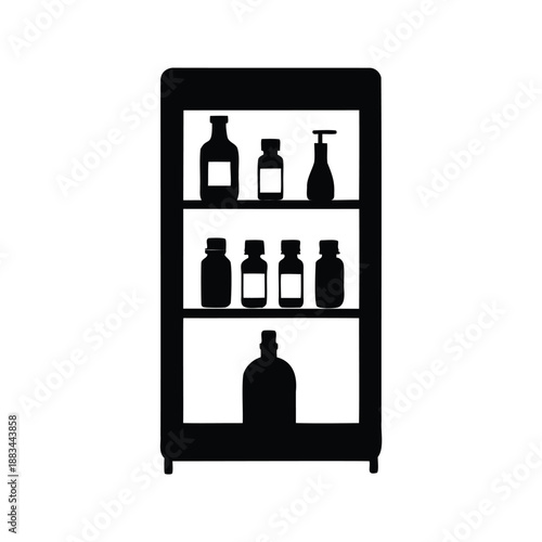 Modern bathroom shelf with toiletries silhouette vector illustration,A sleek bathroom shelf holding various toiletries in a silhouette vector illustration
