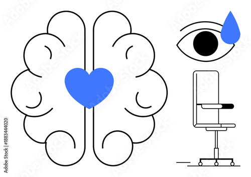 Mental health, therapy, emotional support, self-awareness, counseling, empathy. Abstract brain with heart, teardrop near eye and chair symbol. Mental health and therapy concept