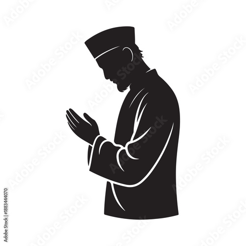 Silhouette of a Muslim man praying with hands raised, showing devotion
