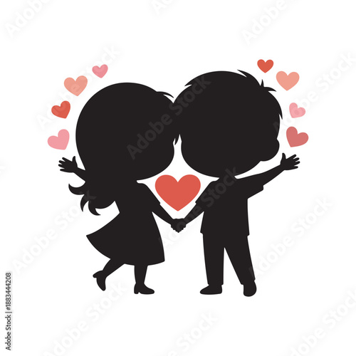 Stylized silhouette of a boy and girl holding hands surrounded by hearts, celebrating love