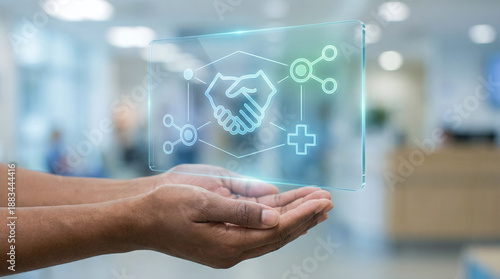 Quadro su tela Hands presenting a holographic panel with handshake, medical icons and connected