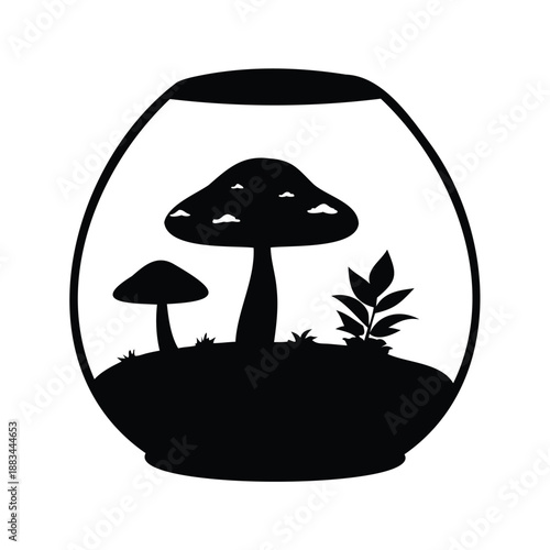 Enchanting terrarium silhouette vector illustration,A detailed black and white silhouette of a terrarium with mushrooms and a small plant inside