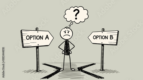 Confused stick figure man standing at a crossroads between Option A and Option B signs, contemplating a decision with a question mark thought bubble, in a neutral grey studio background.