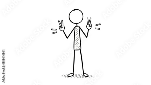 Happy stick figure man standing, showing peace or victory signs with both hands on an isolated white background.