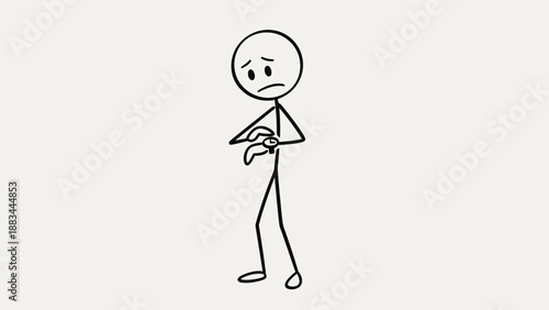 Sad Stick Figure Looking at a Watch, Showing Concern or Worry About Time, on Isolated White Background