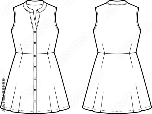 Front and back flat fashion sketch of a sleeveless button up dress with a partial open collar and pleated skirt Keywords: dress, sleeveless, button up, open collar, partial