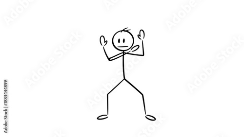 Surprised Stick Figure with Hands Raised Up in a Gesture of Shock or Surrender on Isolated White Background