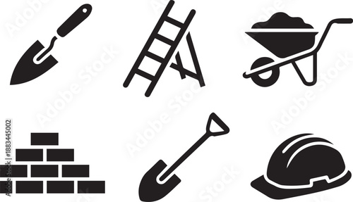 Construction icons set, vector building and engineering symbols collection including tools, machinery, safety gear, and architecture elements in flat minimalist style isolated on white background