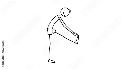 Stick figure bending forward for a stretch, touching toes or tying shoes on isolated white background.