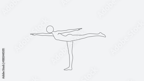 Stick figure performing a difficult balancing yoga warrior III pose with precision in bright studio.