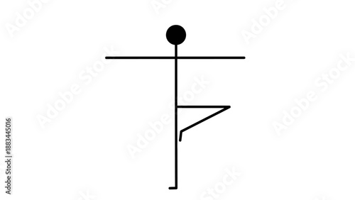 Stick figure performing a challenging balancing pose, demonstrating flexibility on isolated white background.
