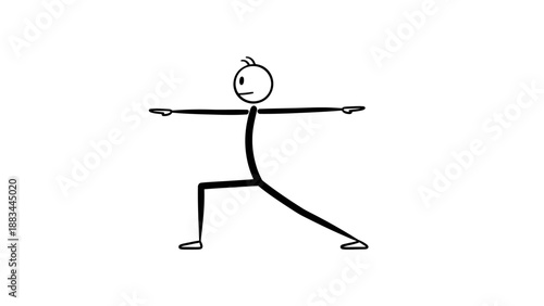 Stick figure performing a strong yoga warrior II pose with outstretched arms, demonstrating power on isolated white background.